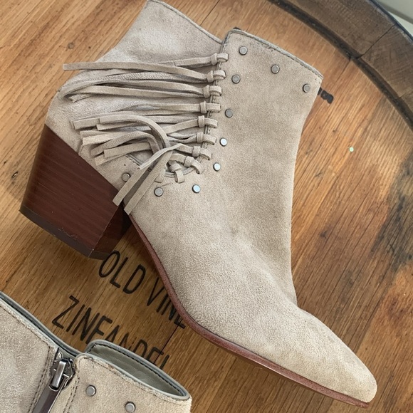 Sam Edelman | Rudie Tan Suede Fringe Tassel Studded Zip Slip On Ankle Boots 7M - Picture 11 of 17